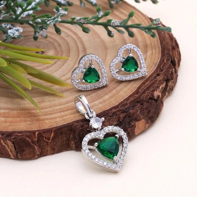 4Ct Heart Cut Green Lab Created Fancy Women's Pendant Set 14K White Gold Plated