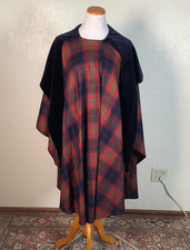 Vintage Jimmy Hourihan Plaid Irish Wool Hooded Cape with Blue Velvet Hood OSFM