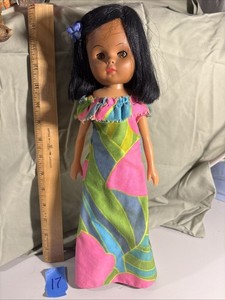 Vintage 1970s Hawaiian 14" Doll Hong Kong Tiki Holoku Dress