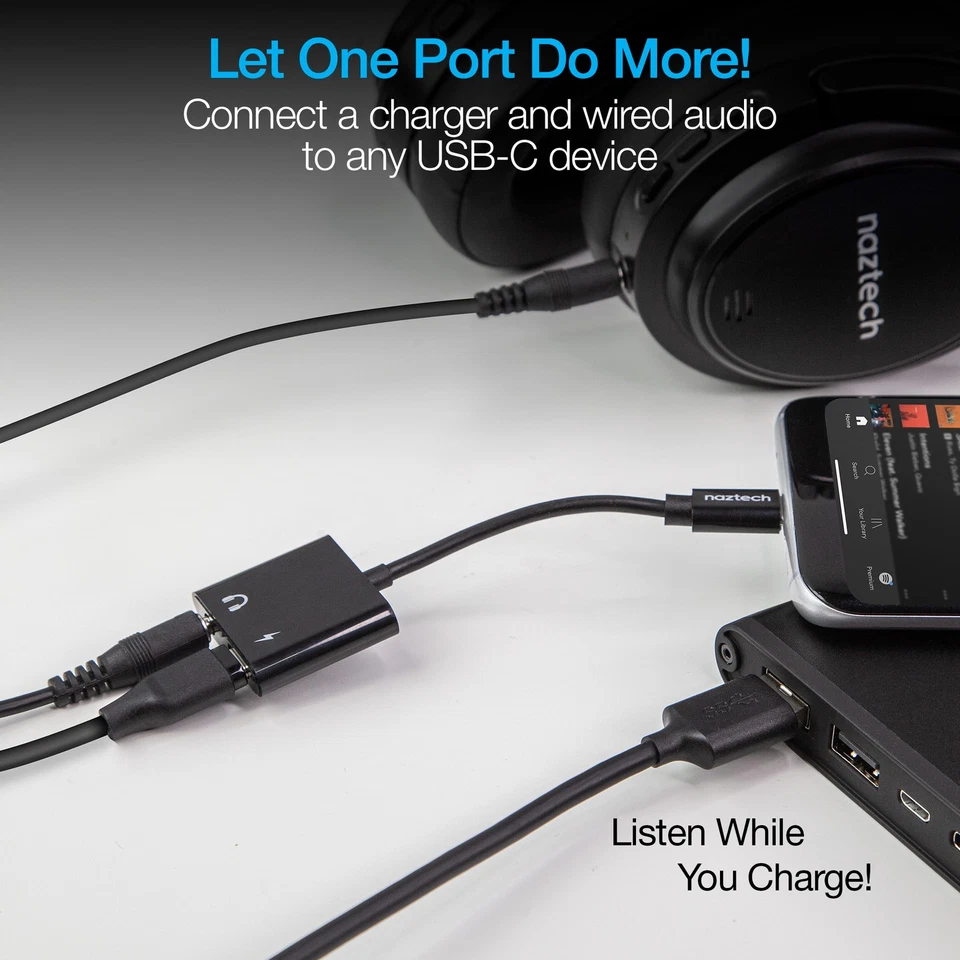 Naztech USB-C & 3.5mm Audio + Charge Adapter w Flexible Cable and Plug and Play - Image 3 of 4