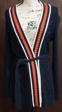 Tommy Hilfiger Preppy Cable Knit Cardigan Sweater Navy Blue Red Pockets Sz Small