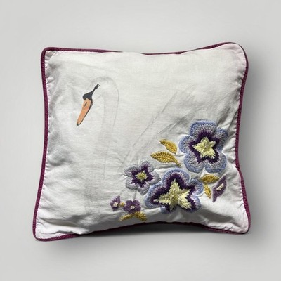 Pottery Barn Kids Pillow 16x16 Embroidered Swan Floral Purple Cotton PBK