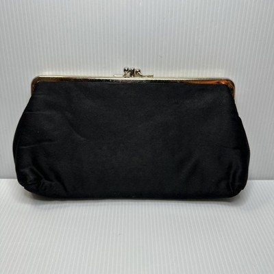 Vtg Stylemark By Mutterperl Satin Black Evening Bag With Double Kiss Lock Clutch