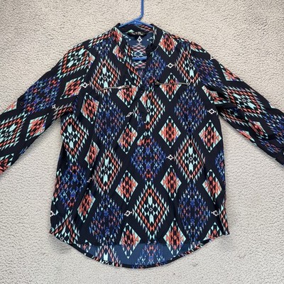 Time to Bloom Womens 3/4 Sleeve Roll Tab Shirt Top Blouse Blue Aztec Size M