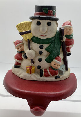 Vintage Elves Children Building A Snowman Cast Iron CHRISTMAS STOCKING HOLDER