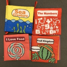 Lot Of 4 Crinkle Fabric Mini Soft Books Food Fruit Numbers Sea Creature
