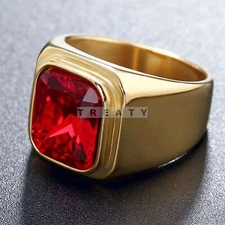 Garnet Emerald Cut With 925 Sterling Silver Gold Plated Ring For Men's #70 *