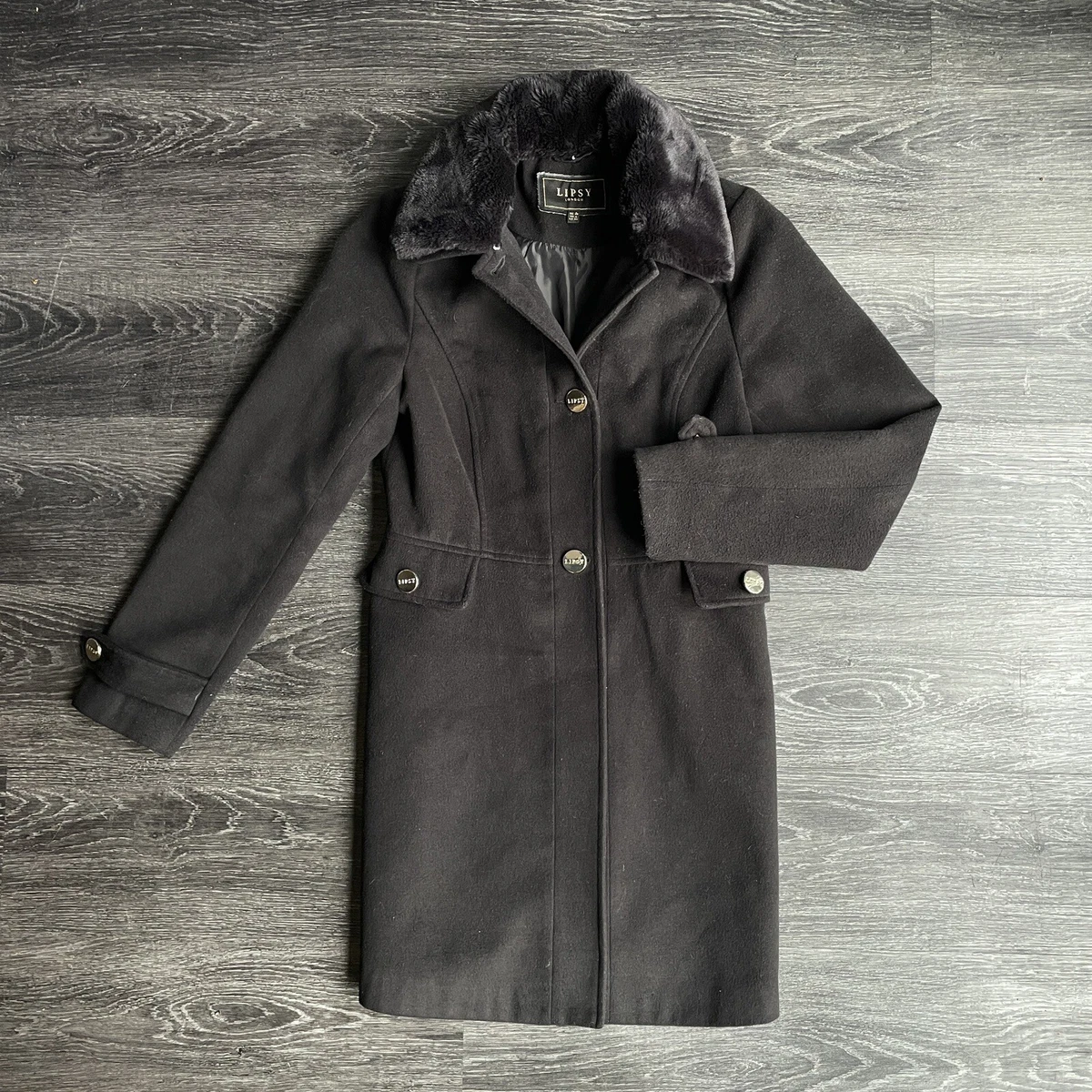 LIPSY London Black Coat Fur Detachable Collar Military Button Long