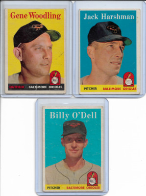 1958 Topps Orioles 3 Card Lot with O'Dell, Harshman & Woodling VG