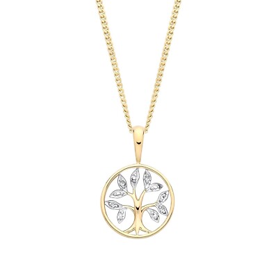 Halskette 9 kt Gelbgold auf Silber natürlicher Diamant Lebensbaum Anhänger 16''-24''