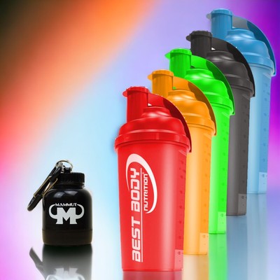 Best Body Eiweiß Shaker Mixer + Mammut Protein / Tabletten Dose Powderbank