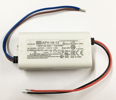 Mean Well APV-16-12 16Watt Power Supply, 12V DC Out, 100-240 VAC In, LED Driver