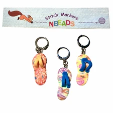 Flip Flop Polymer Clay Stitch Markers, Beach Slipper Design w/ Lever Back Clasp.