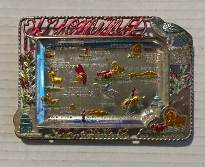 Vintage Metal Souvenir Ashtray Wyoming- State Shaped- Colorful