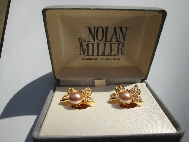Vintage NOLAN MILLER Pave Rhinestone & Pearl Flower Earrings with Box & Papers