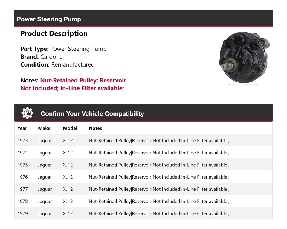 For 1973-1979 Jaguar XJ12 Power Steering Pump Cardone 1974 1975 1976 1977 1978 - Image 2 of 4