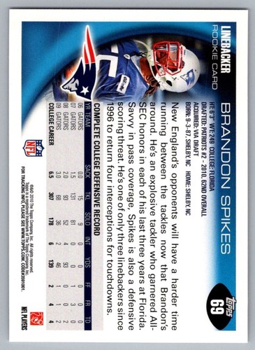 2010 Topps Brandon Spikes Rookie New England Patriots #69 - Picture 2 of 2