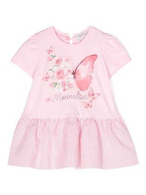 Monnalisa Abito Tinta Unita Mezza Manica Con Stampa Rosa Per Neonata