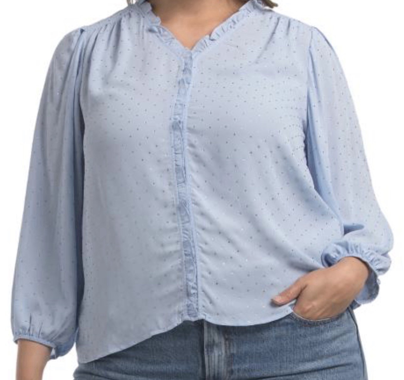 Zac & Rachel Women's Light Blue Polka Dot Ruffle V-Neck Blouse 2X 3/4 Sleeve NWT