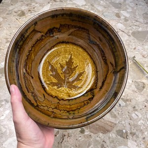 Vintage Serving Bowl with Brown Drip Glaze and Maple Leaf Motif 