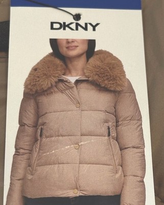 NWT DKNY puffer jacket women Large Tan Fur Collar