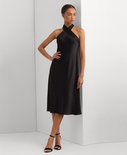 Lauren Ralph Lauren Womens Satin Halter Crisscross Dress Black Size 4 $265