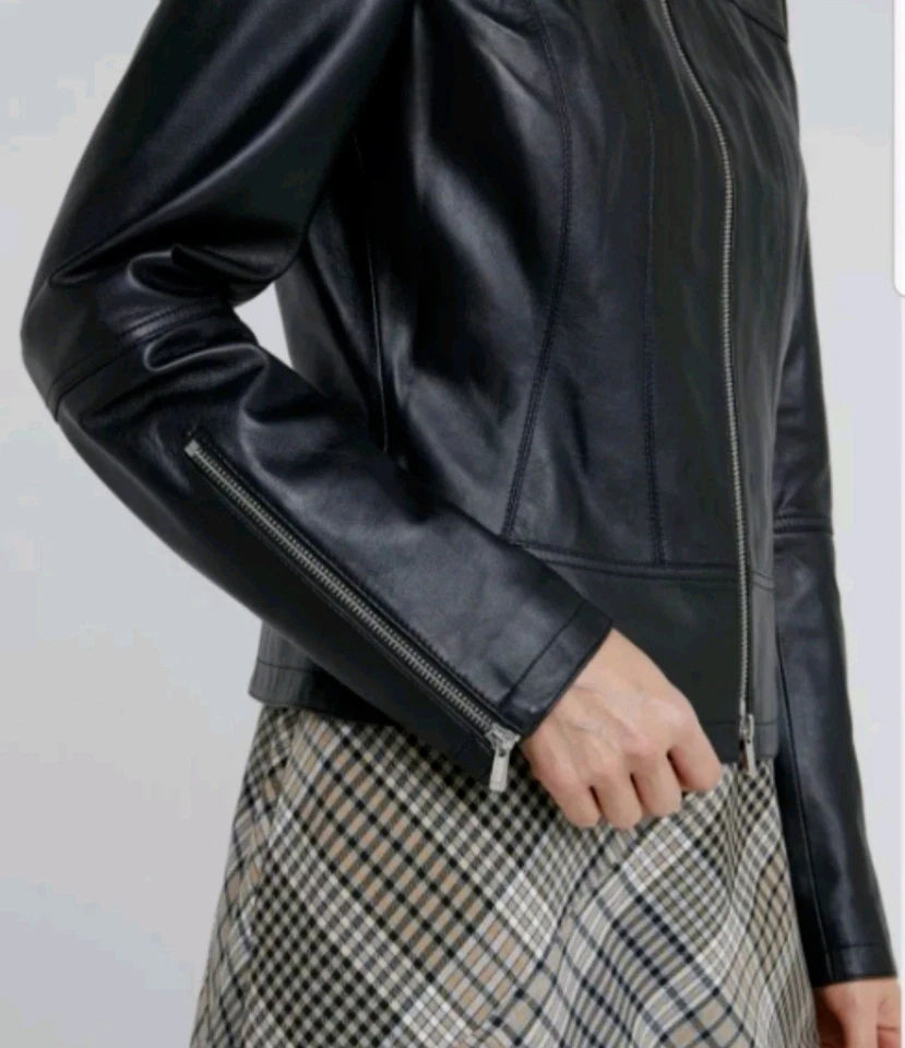 Chaqueta de cuero negra Hugo Boss Lonette XL UK 14 de ajuste regular para mujer PVP £449 Foto 4 de 4