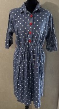 Vintage 80s Blue Polka Dot Shirtwaist Dress Red Buttons Midi Rockabilly