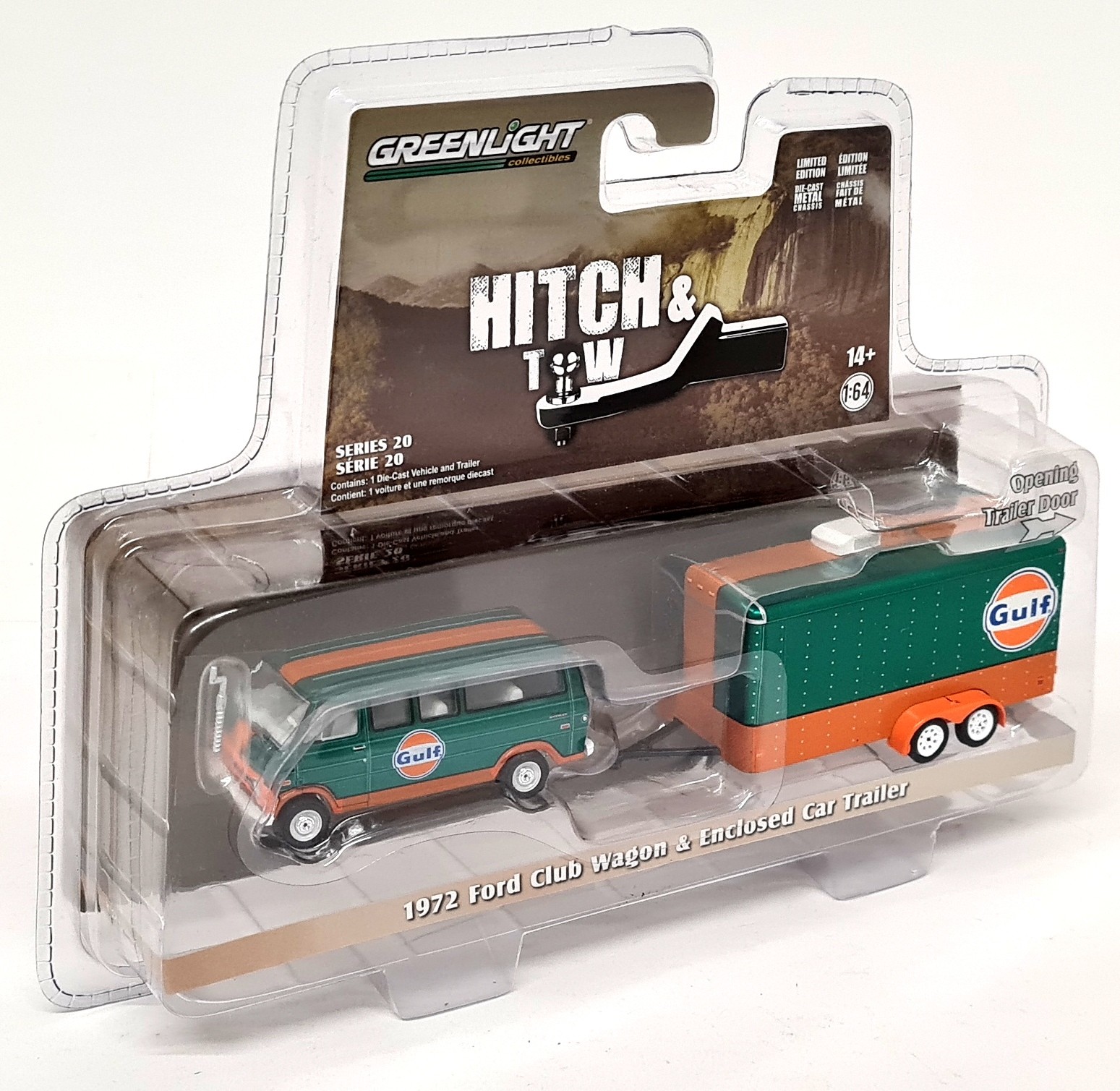 Greenlight 1/64 1972 Ford Club Wagon Enclosed Trailer Gulf CHASE Version Models
