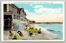 Postcard c1915 Bay View Beach Milford Conn. Waterfront Homes Bathers Sun A75