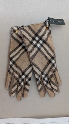 JULIO Plaid Lined Women's Gloves Beige Brown Black White Button Accent S