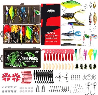 126Pcs Fishing Lures Tackle Kit w Frogs Minnows Soft Baits Hooks Weights Trout