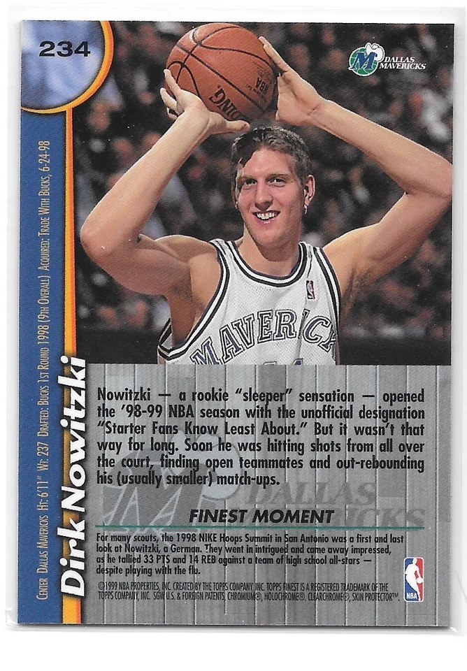 Dirk Nowitzki Rookie 1998 Topps Finest Chrome RC #234 Recubrimiento Mavericks Diggler Foto 2 de 2