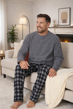 Mens Thick FLANNEL Set Pyjamas Thermal Crew neck CHECK Long Sleeve Nightwear PJS