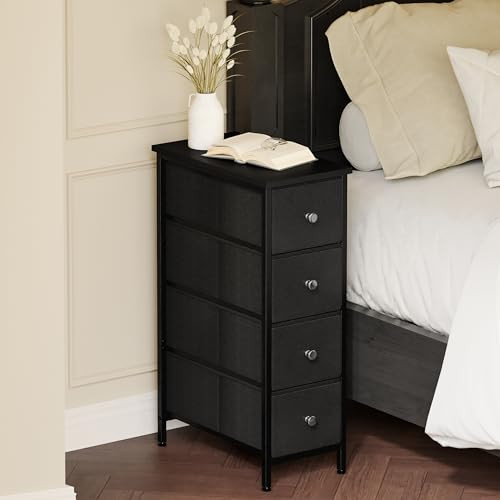 Narrow Storage Cabinet, Dresser with 4 Drawers, Slim Fabric Dresser Black