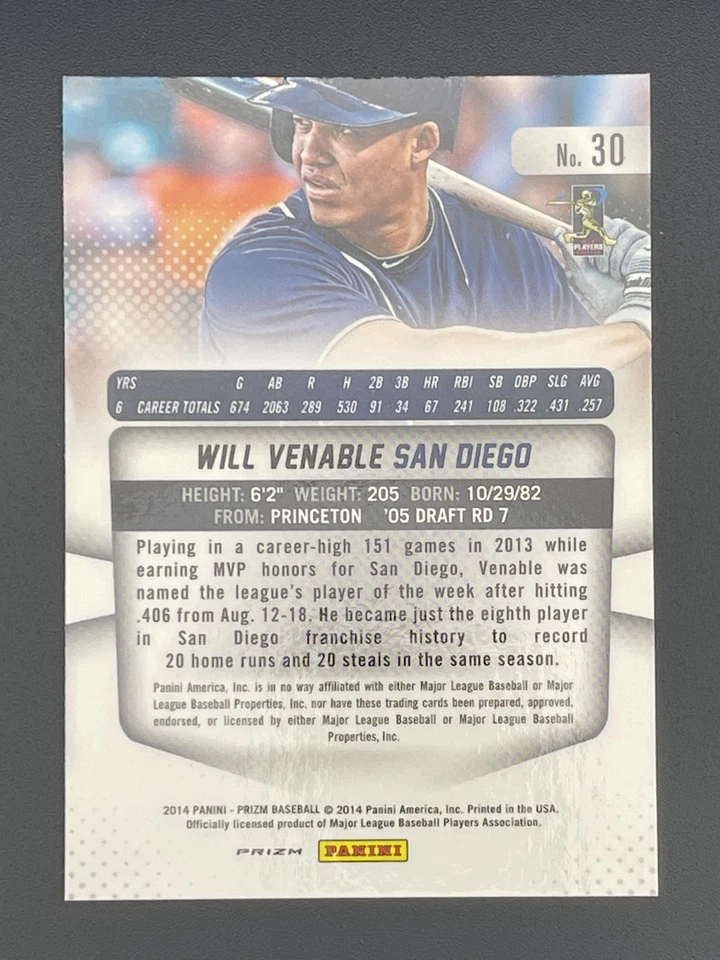 Will Venable 2014 Panini Prizm Prizms Red White Blue Pulsar #30 San Diego Padres - Image 2 of 2