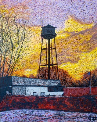 Water Tower 11x14 Framed Original Oil Painting on Acrylics by Artist Blanksy