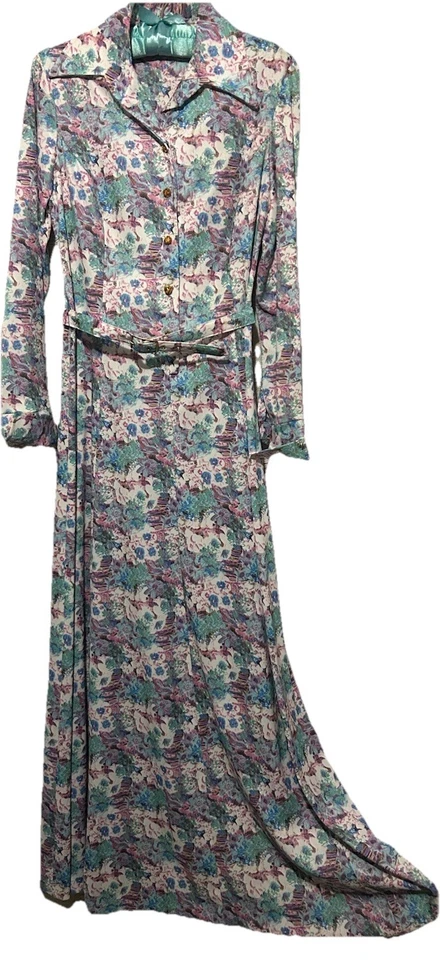 Vestido Vintage Anos 60 10 Malha Elástica com Cinto Estampa Floral Boho Jardim Festa Maxi P/M - Imagem 2 de 4
