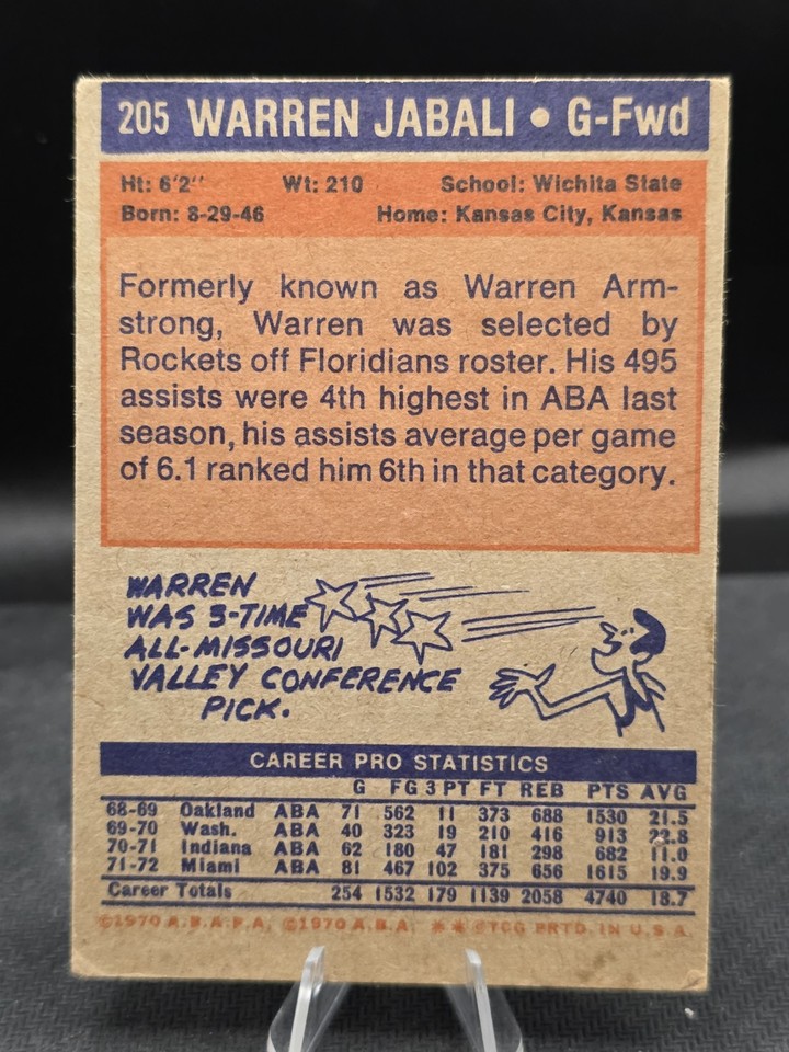 1972-73 Topps Basketball Card #205 Warren Jabali Denver Rockets VG-EX ...