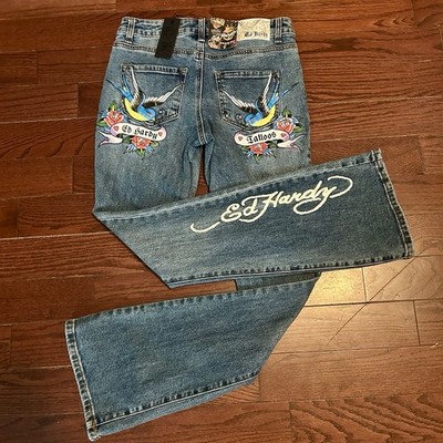 NWT Ed Hardy Jeans Retro Low Rise Boot Women s Size M Blue Bird Roses Tattoo