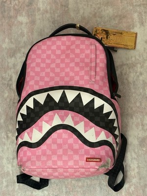 Sprayground Large Unisex Kids Pink Shark Mouth Checkered Backpack Zip Polyester