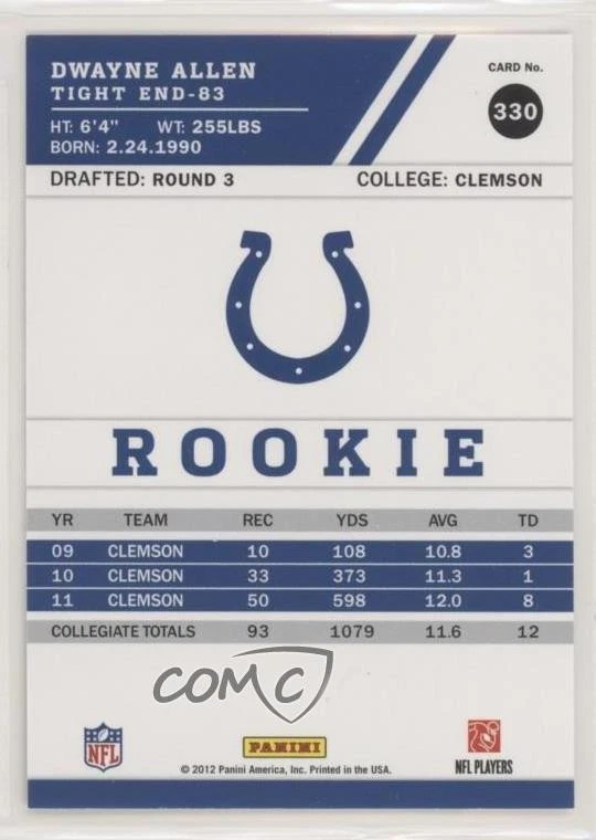 2012 Score Rookie Dwayne Allen (Right Foot Flat) #330 Rookie RC - Image 2 of 2