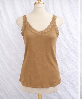 GAP Ribbed Tank Top Lace Trim Y2K Vintage Camel Tan Size Medium Casual Layering