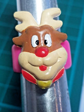 Vtg Plastic Rudolph Reindeer Ring  c C-P INC Christmas Adjustable SZ 4 Pink