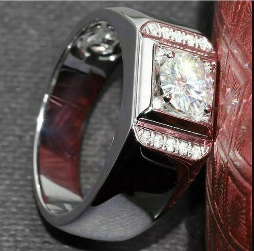 14K White Gold Plated 2Ct Round Lab-Created Diamond Solitaire Men's Wedding Ring - Picture 3 of 3