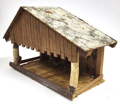 Vintage Handmade Lighted Wooden Nativity Stable   21'' with Europlug Lighting