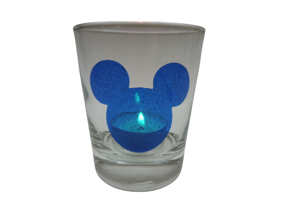 "Teelicht Glas Windlicht Print \"Micky\" Blau Glitzer Tranzluzent Handmade Unikat"-image