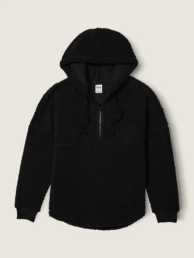 Victoria's Secret PINK VARSITY SHERPA HALF ZIP PULLOVER BLACK Hoodie Medium
