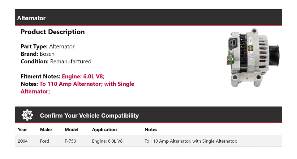 Генератор переменного тока (восстановленный) для 2004 Ford F-750 6,0 л V8 Bosch - Изображение 2 из 4