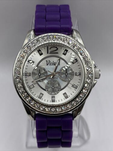 Vivani Women's Quartz Watch Rhinestone Bezel Purple Silicone Band- New Battery